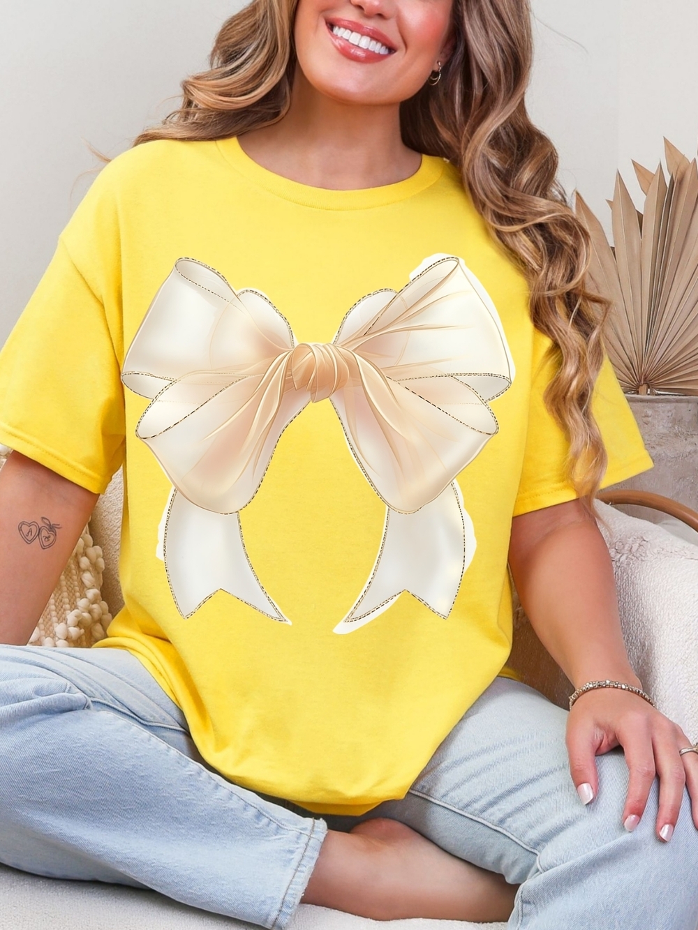Gildan Yellow Tee with Cream Bow Graphic